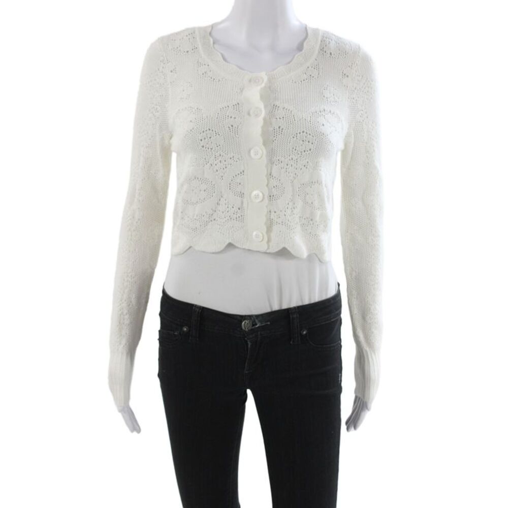 Love Shack Fancy Women Cardigan Floral Round Neck White Long Sleeve Size XS